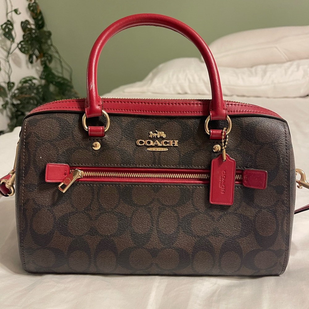 Coach Signature Brown Satchel with Red Accents